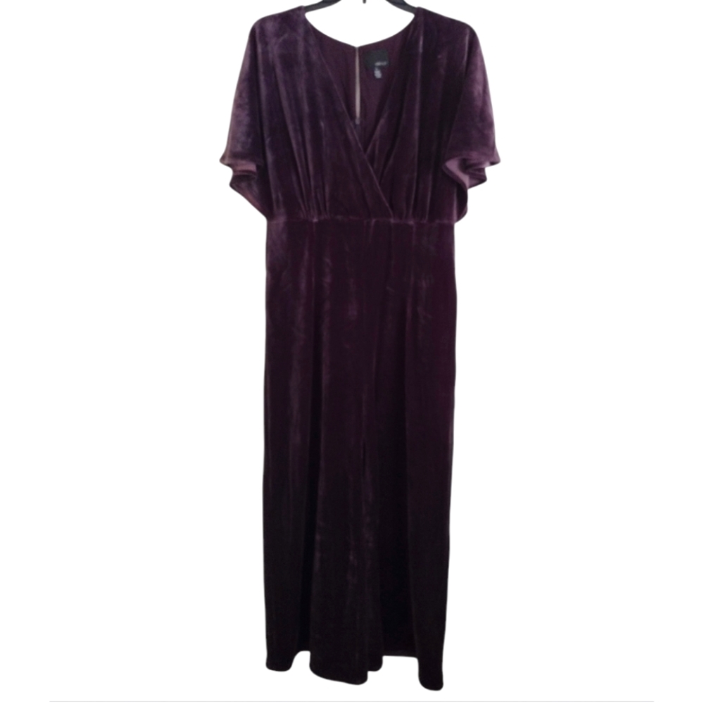 Greylin Anthropologie purple velvet wide leg jumpsuit pockets size large